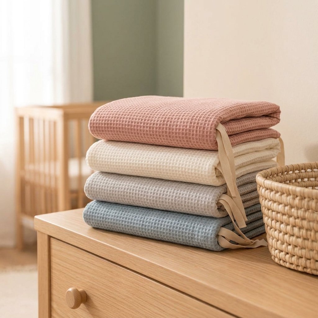 Tours de lit en gaze gaufrée pliés sur une commode