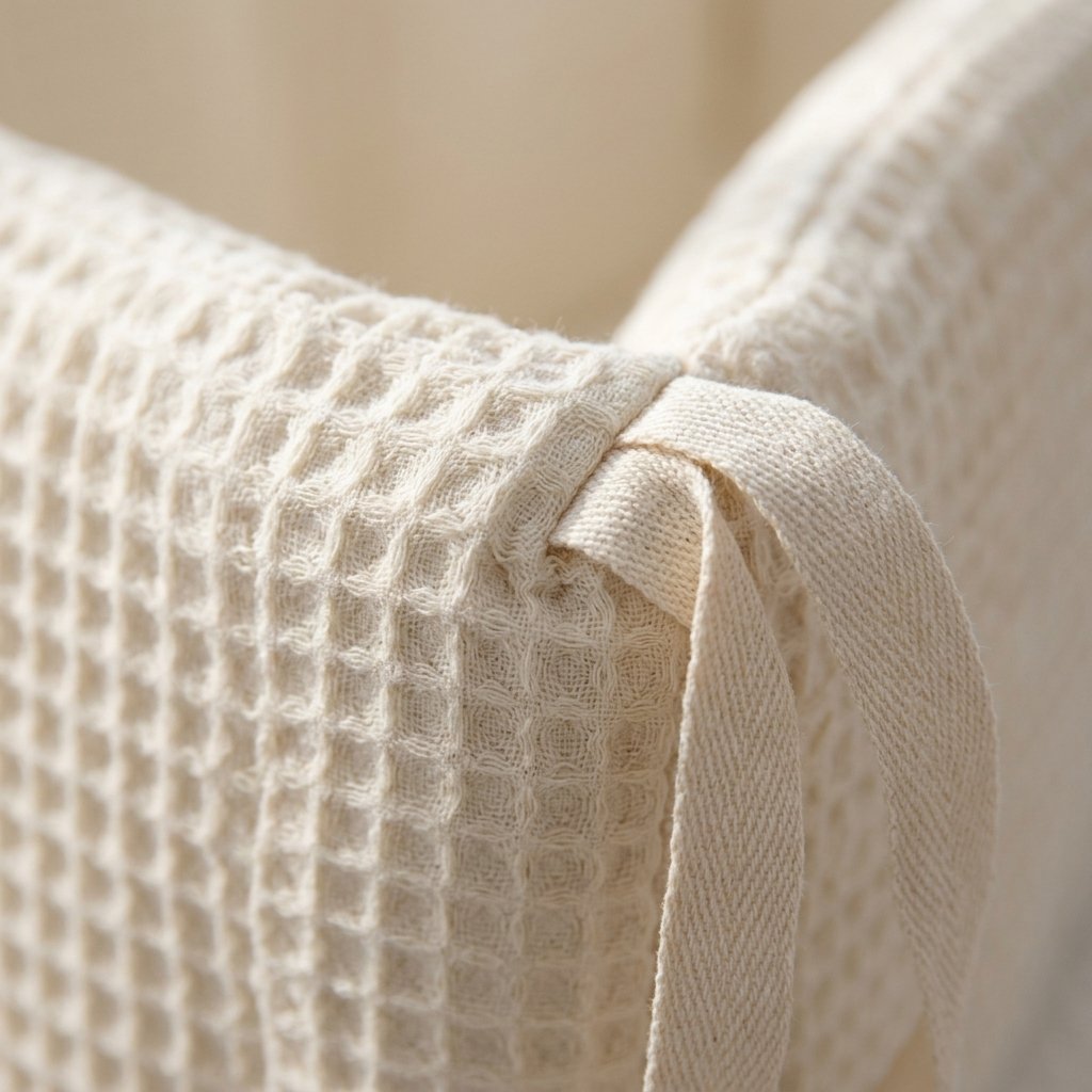 Détail de la gaze de coton gaufrée et d'un ruban