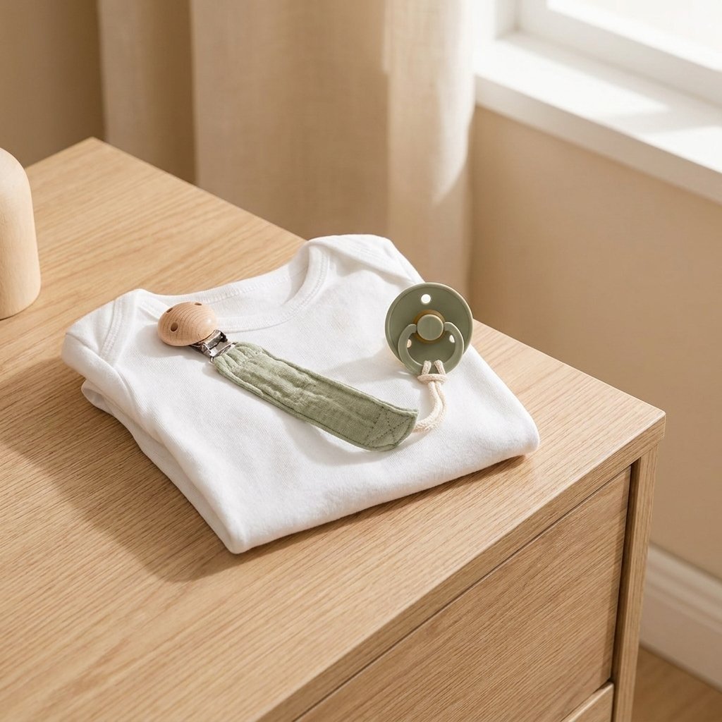 Attache-tétine en gaze clipsée sur un body plié