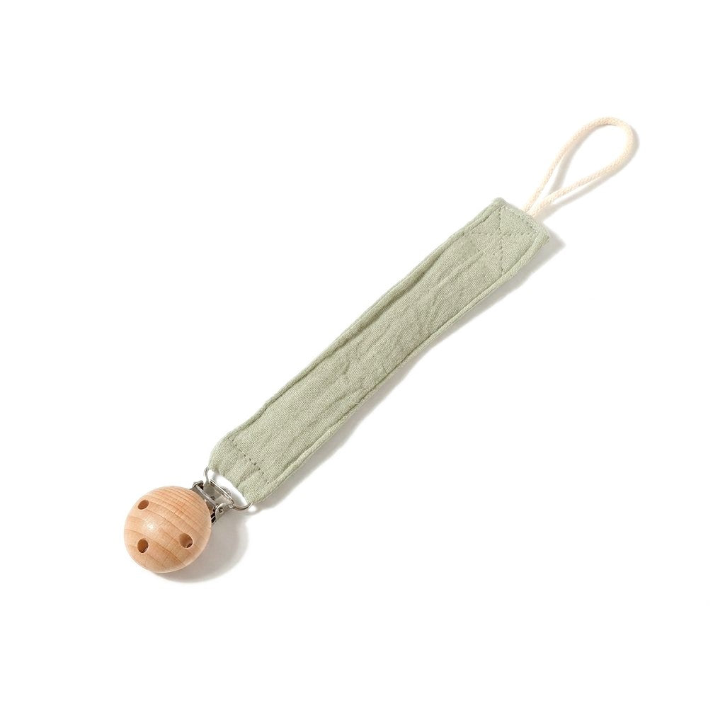 Attache-tétine en double gaze de coton sauge, clip en bois