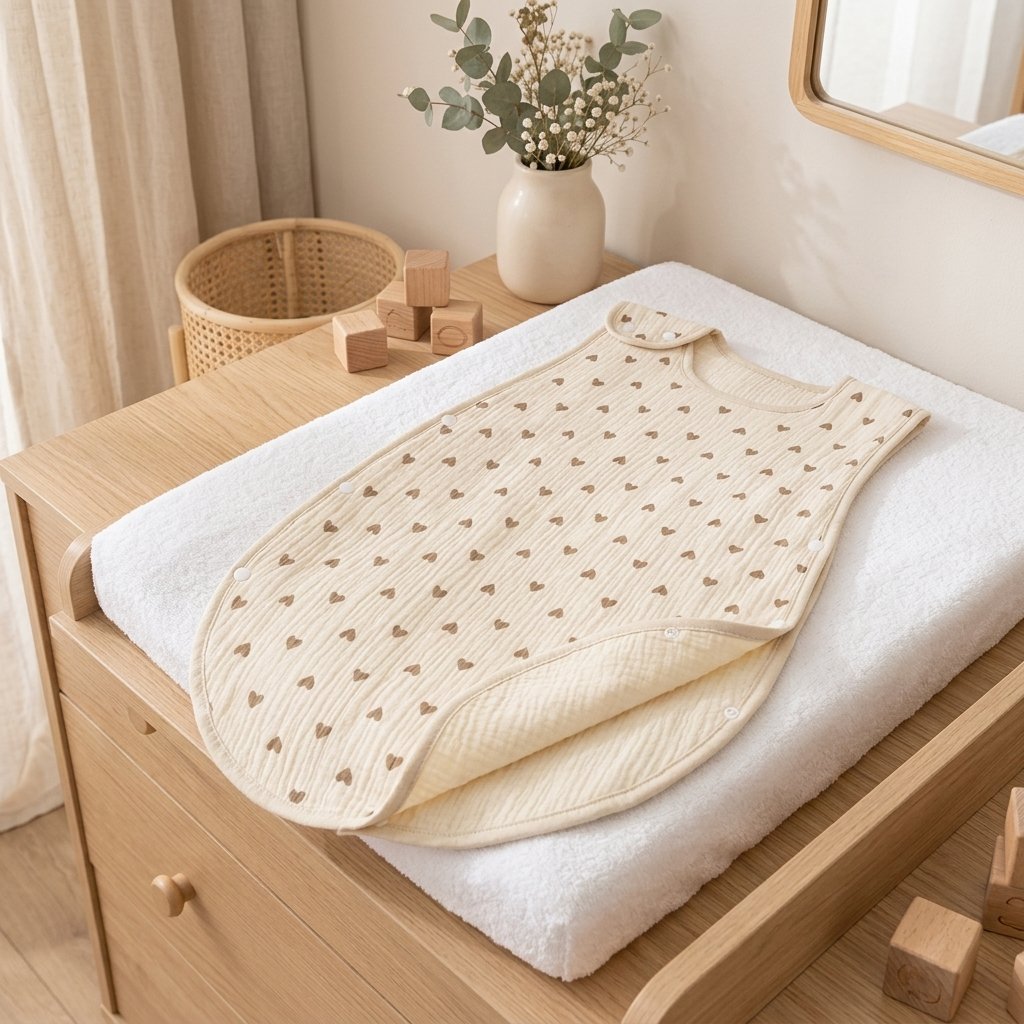 Gigoteuse en gaze motif cœurs posée sur une commode à langer Image