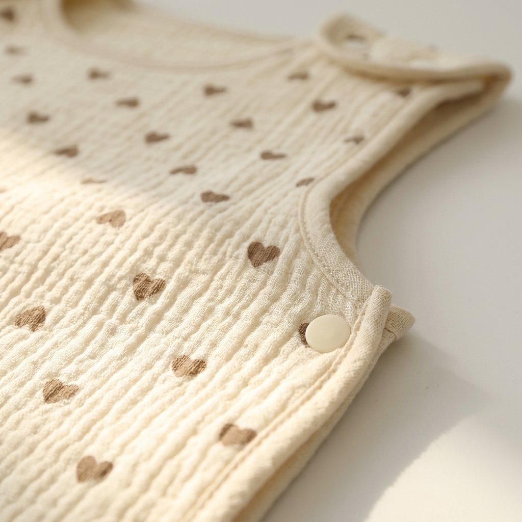 Détail de la gaze de coton gaufrée et de la bordure de la gigoteuse