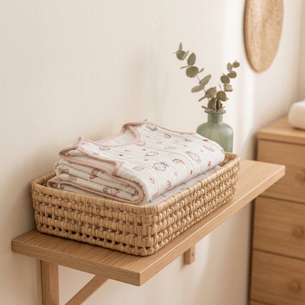 Turbulette en gaze motif lapins pliée dans un panier