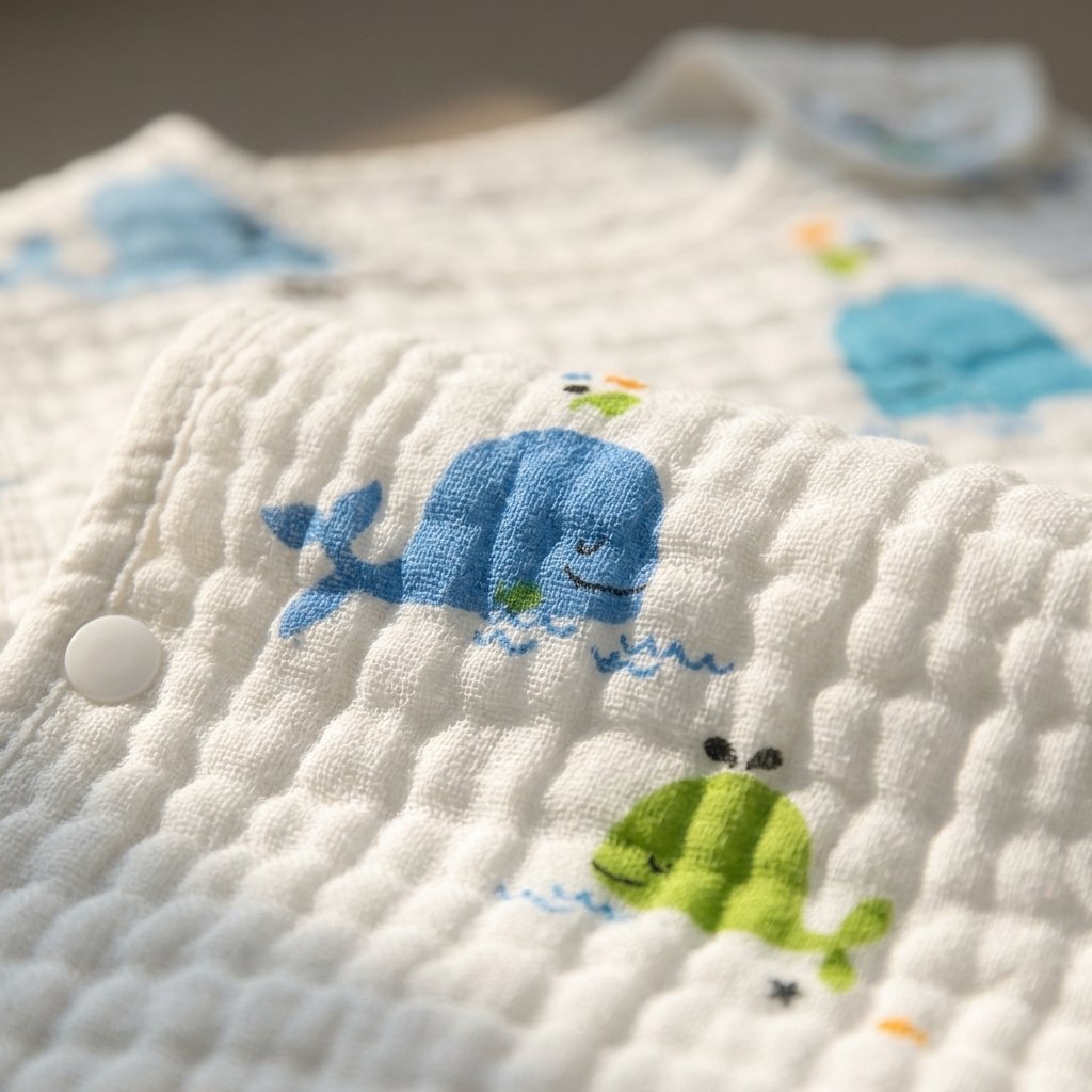 Détail de la gaze de coton gaufrée à bulles, imprimé baleines Image