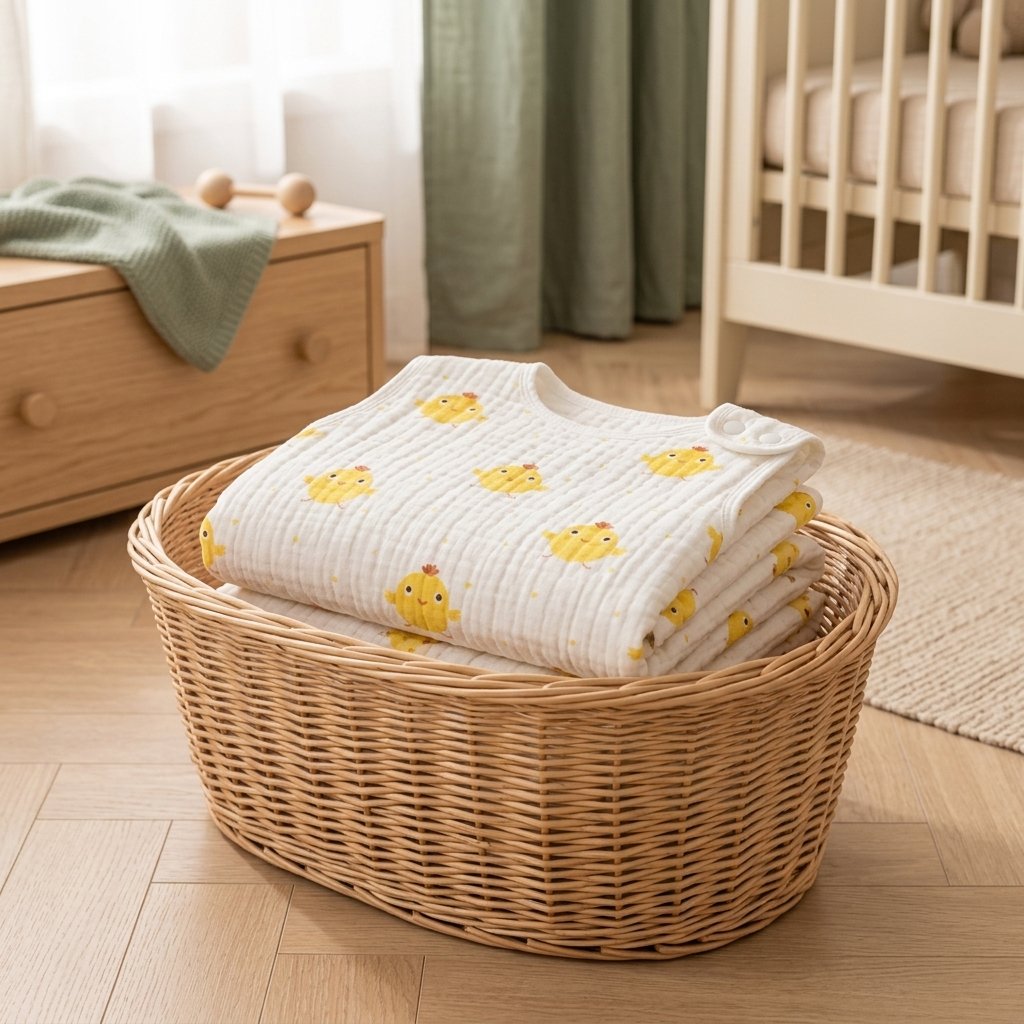 Gigoteuse d'été motif poussins pliée dans un panier