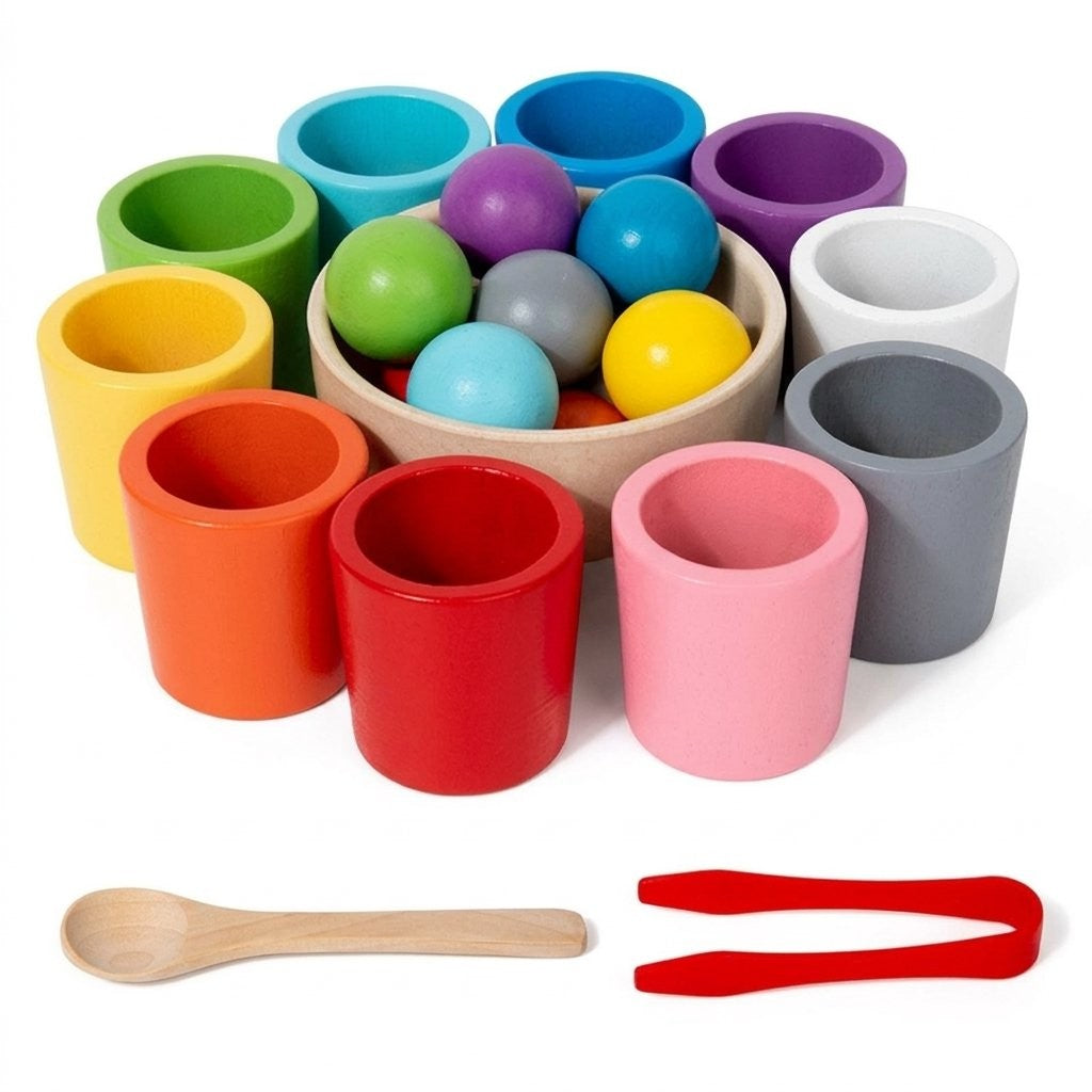 Jeu de tri en bois : dix gobelets de couleurs, boules, bol, cuillère et pince
