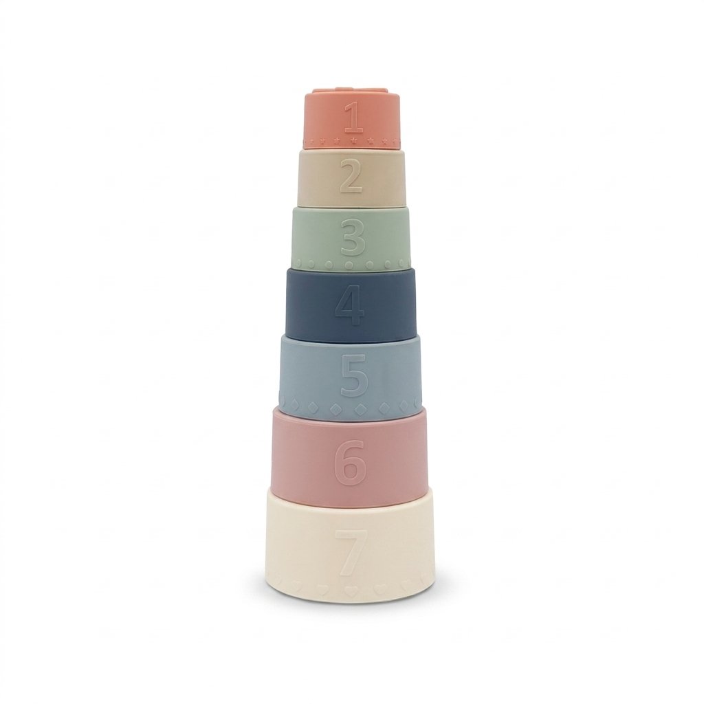 Tour de sept gobelets gigognes en silicone de couleurs douces