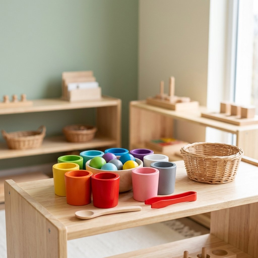 Jeu de tri des couleurs sur une étagère basse en bois