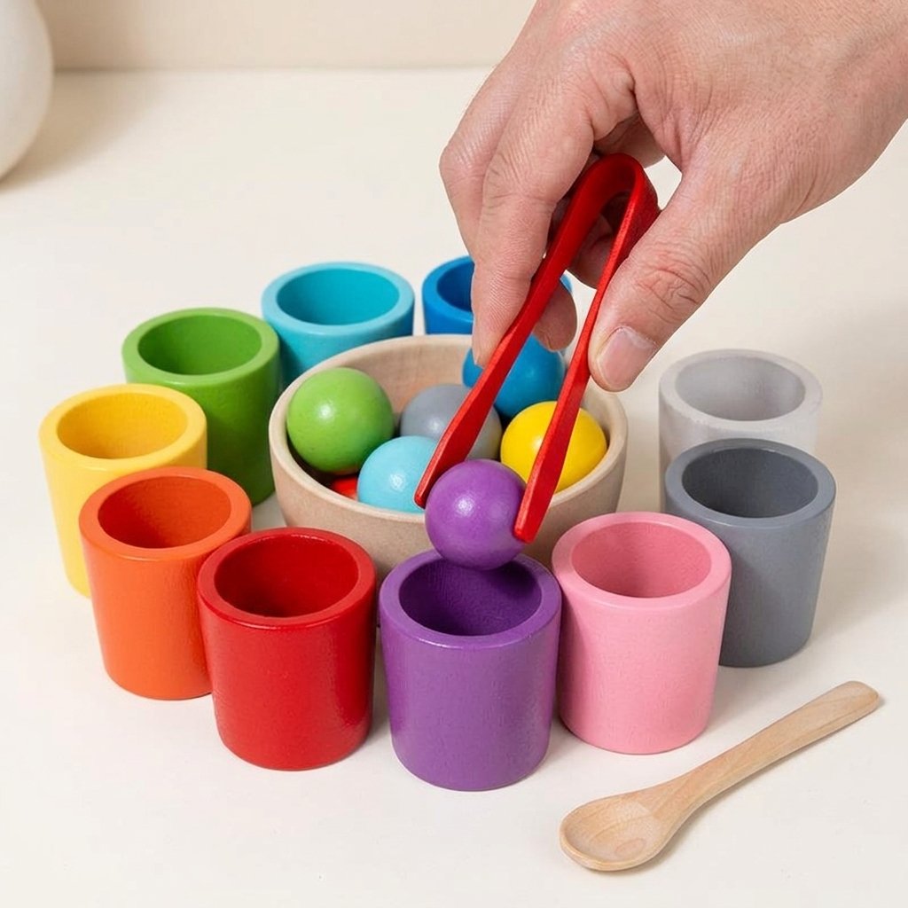 Jeu de tri des couleurs tenu dans une main d'adulte Image