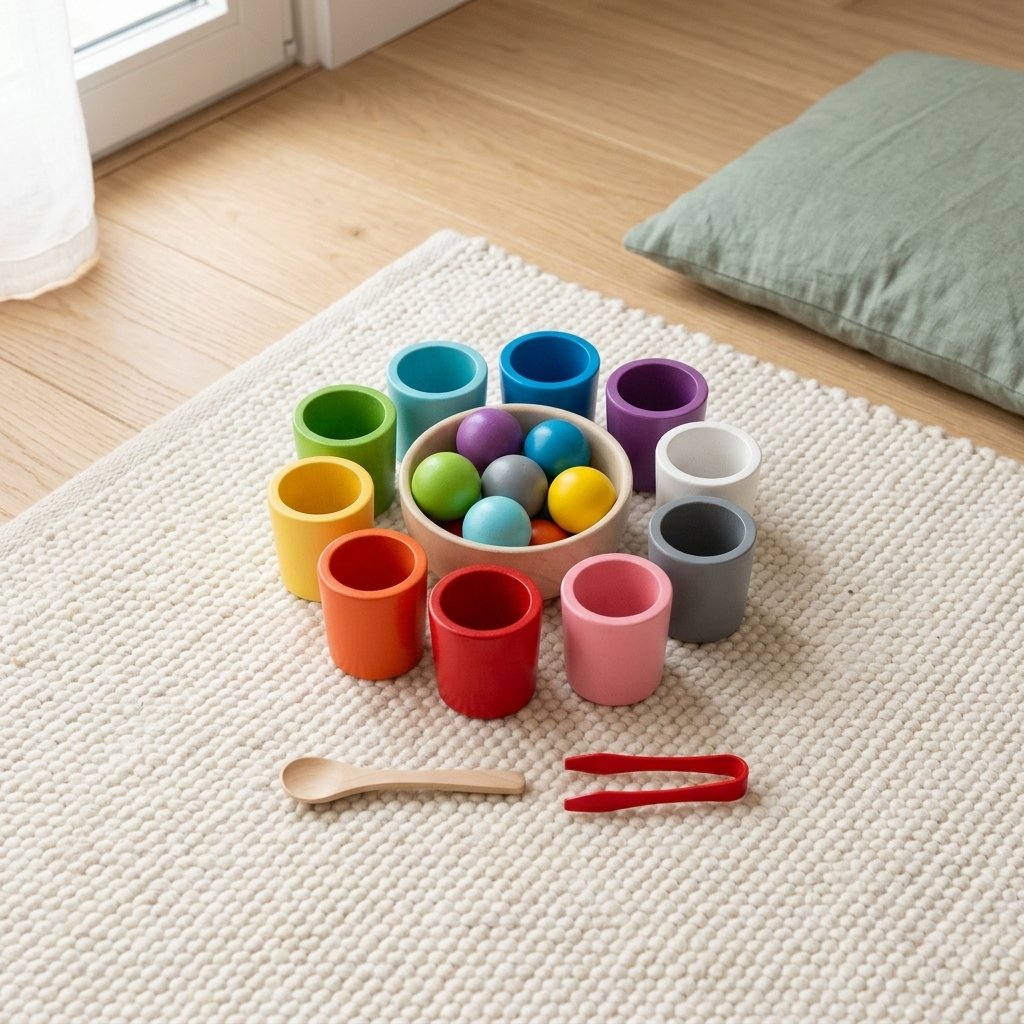 Jeu de tri des couleurs posé sur un tapis crème