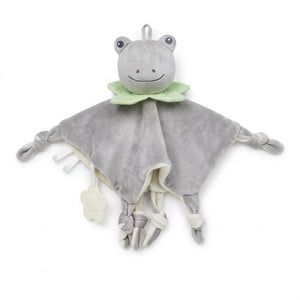 Doudou grenouille grise en velours avec anneau de dentition