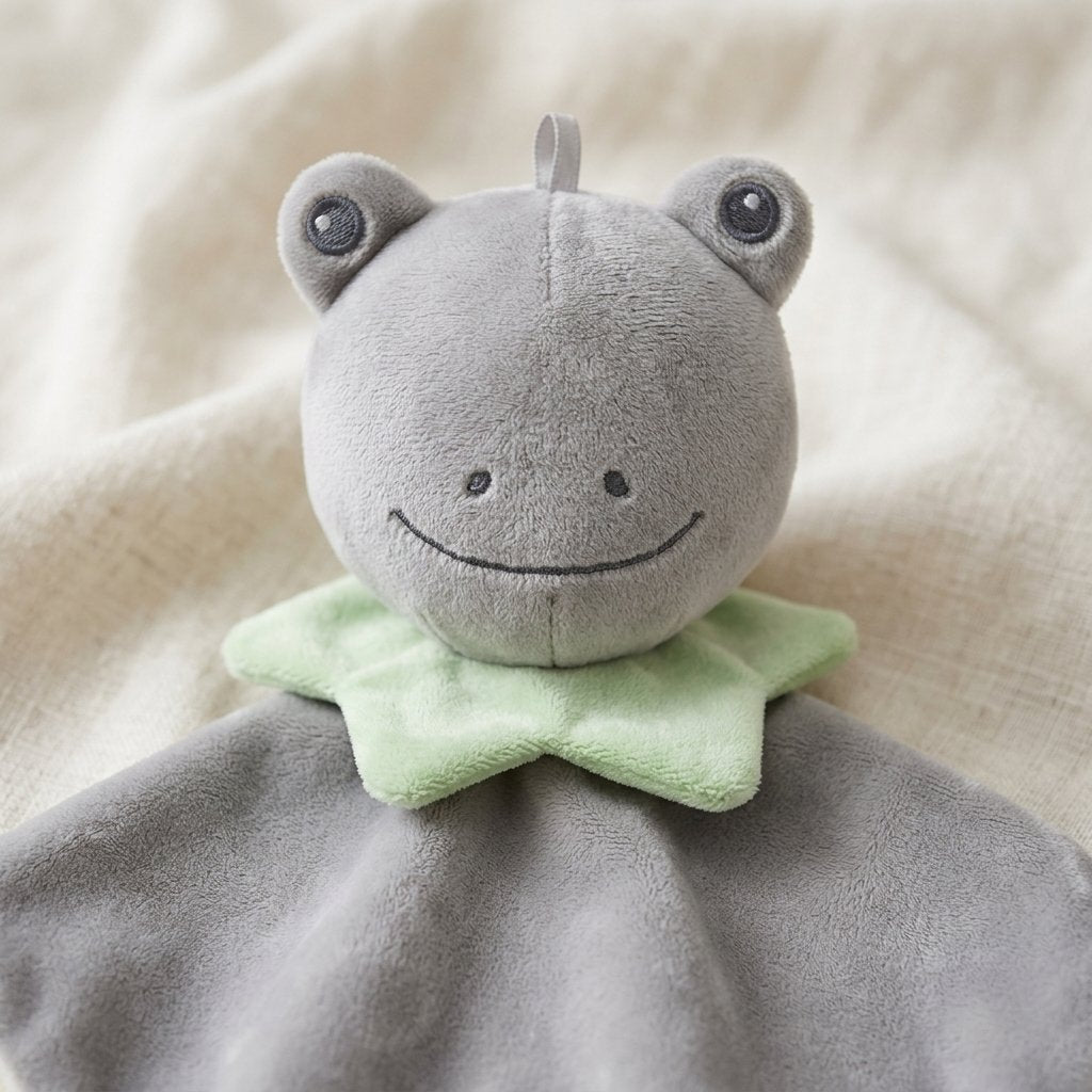 Détail de la tête et du col vert du doudou grenouille