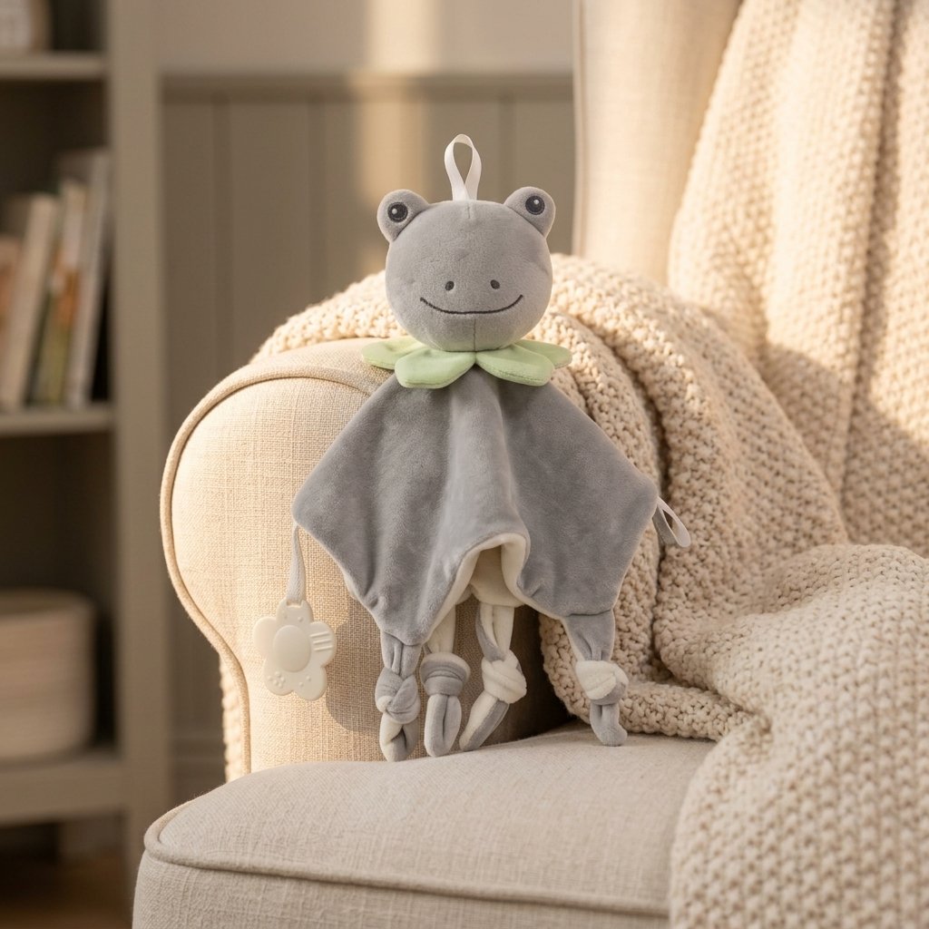 Doudou grenouille grise posée sur un fauteuil