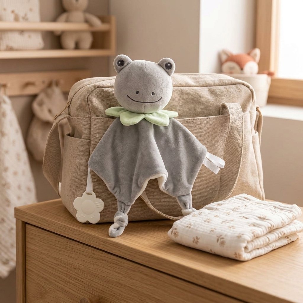 Doudou grenouille qui dépasse d'un sac à langer