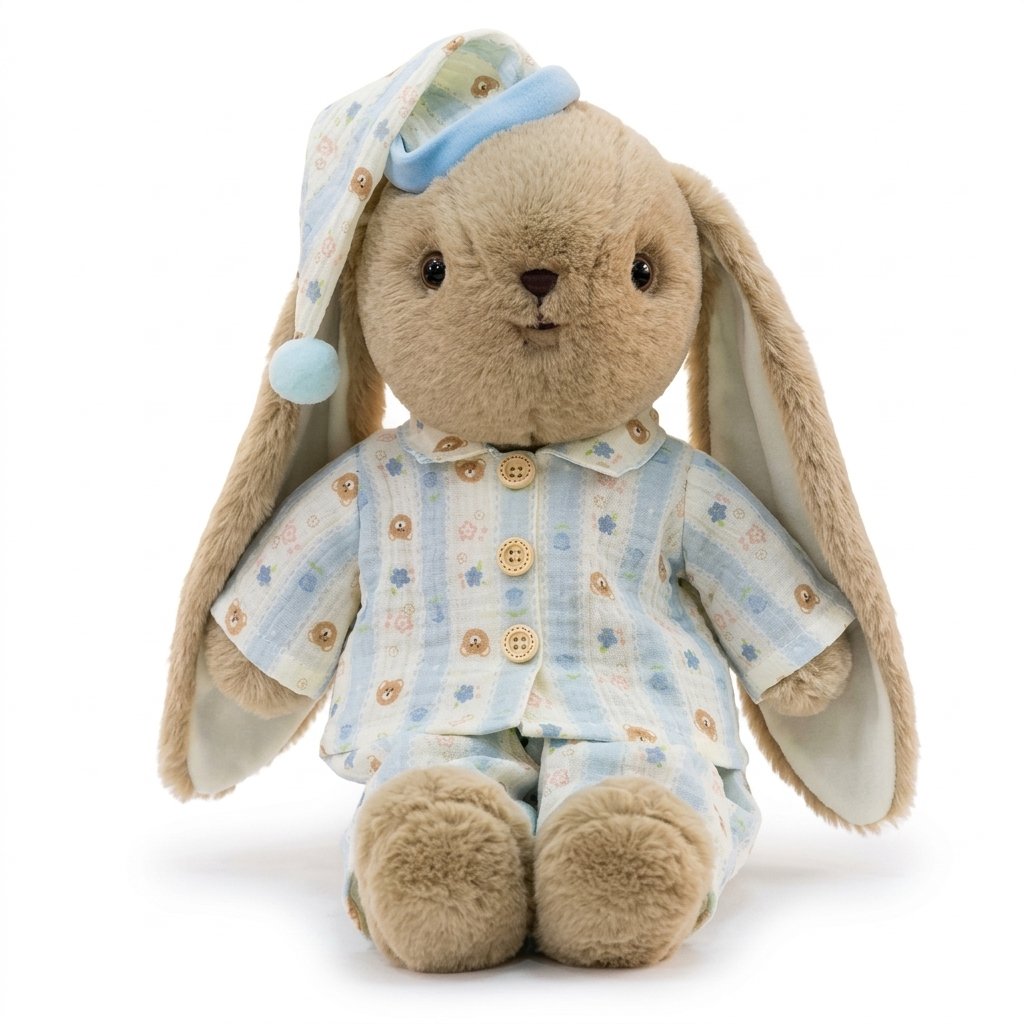 Peluche lapin HORTENSE en pyjama bleu et bonnet de nuit