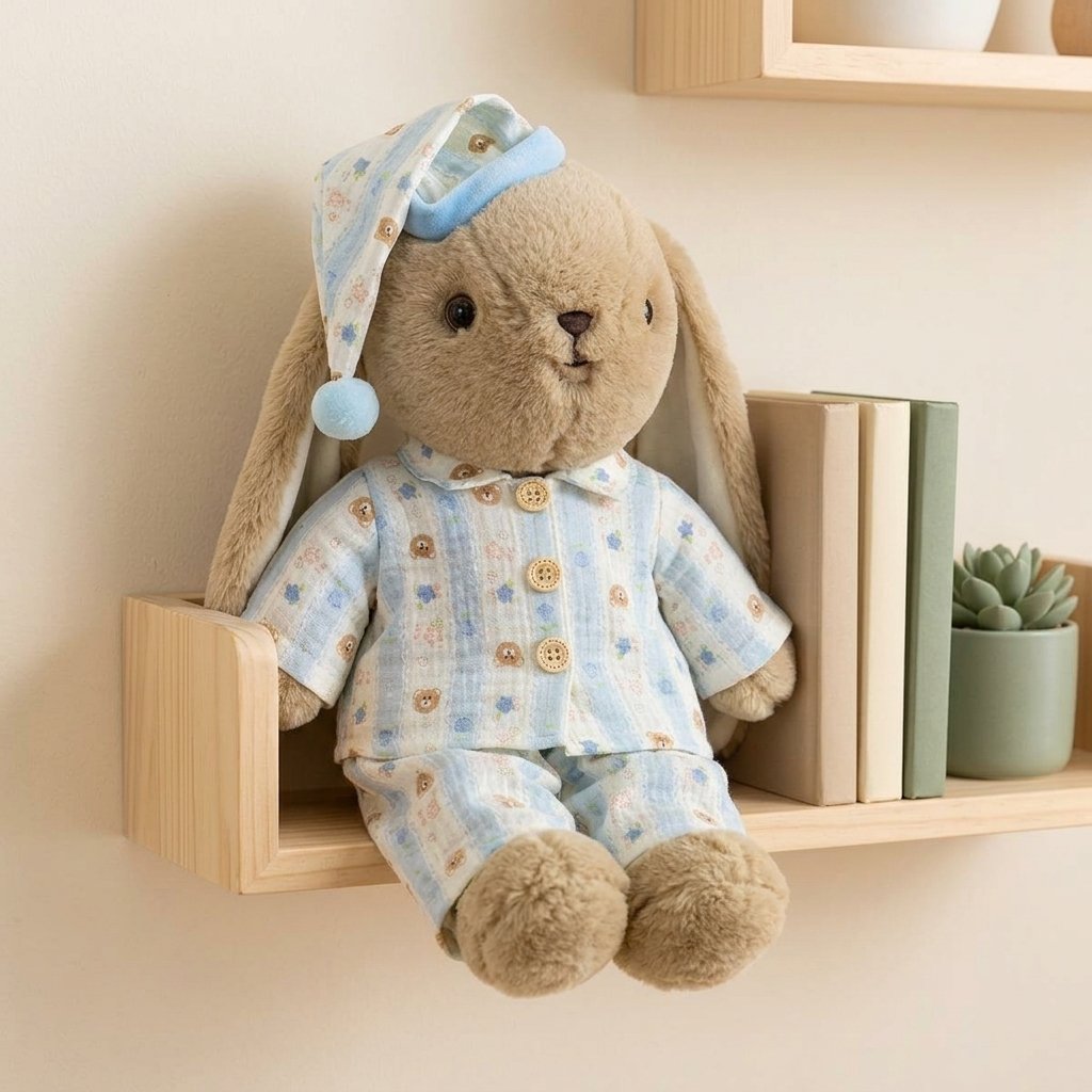 Peluche lapin en pyjama bleu sur une étagère de chambre Image