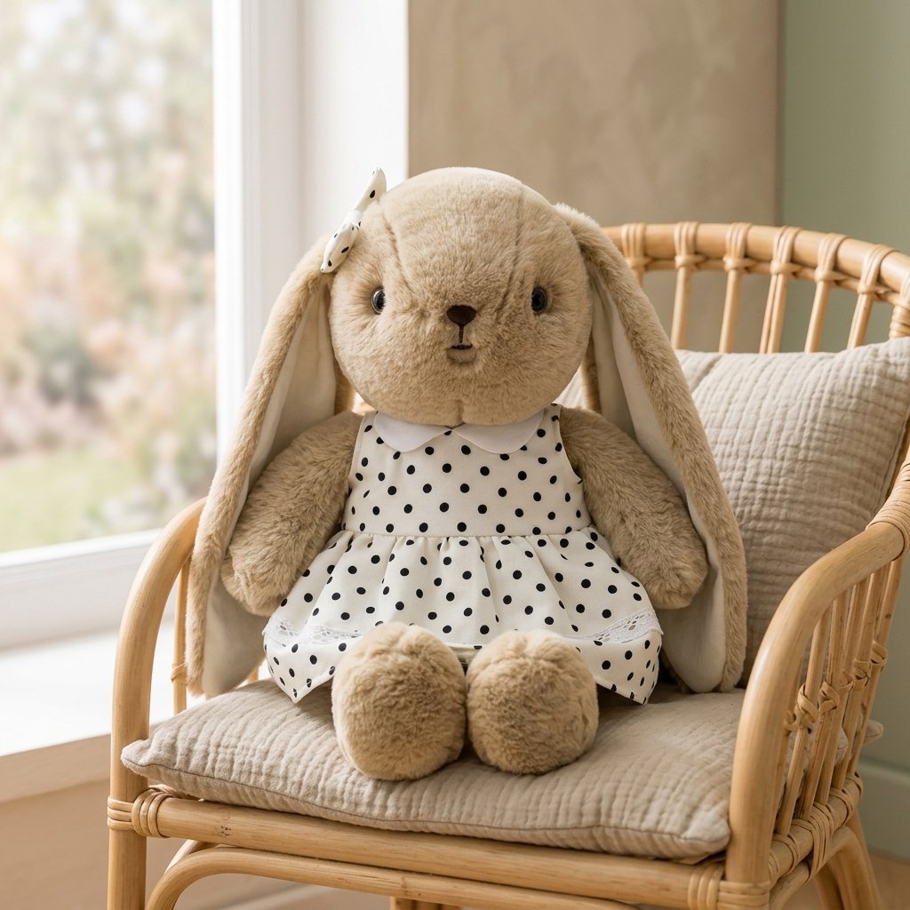 Peluche lapin en robe à pois sur un fauteuil en rotin