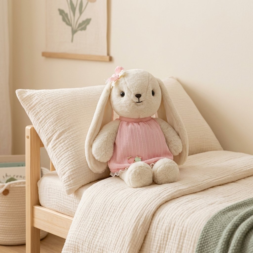 Peluche lapin en robe rose sur un lit d'enfant