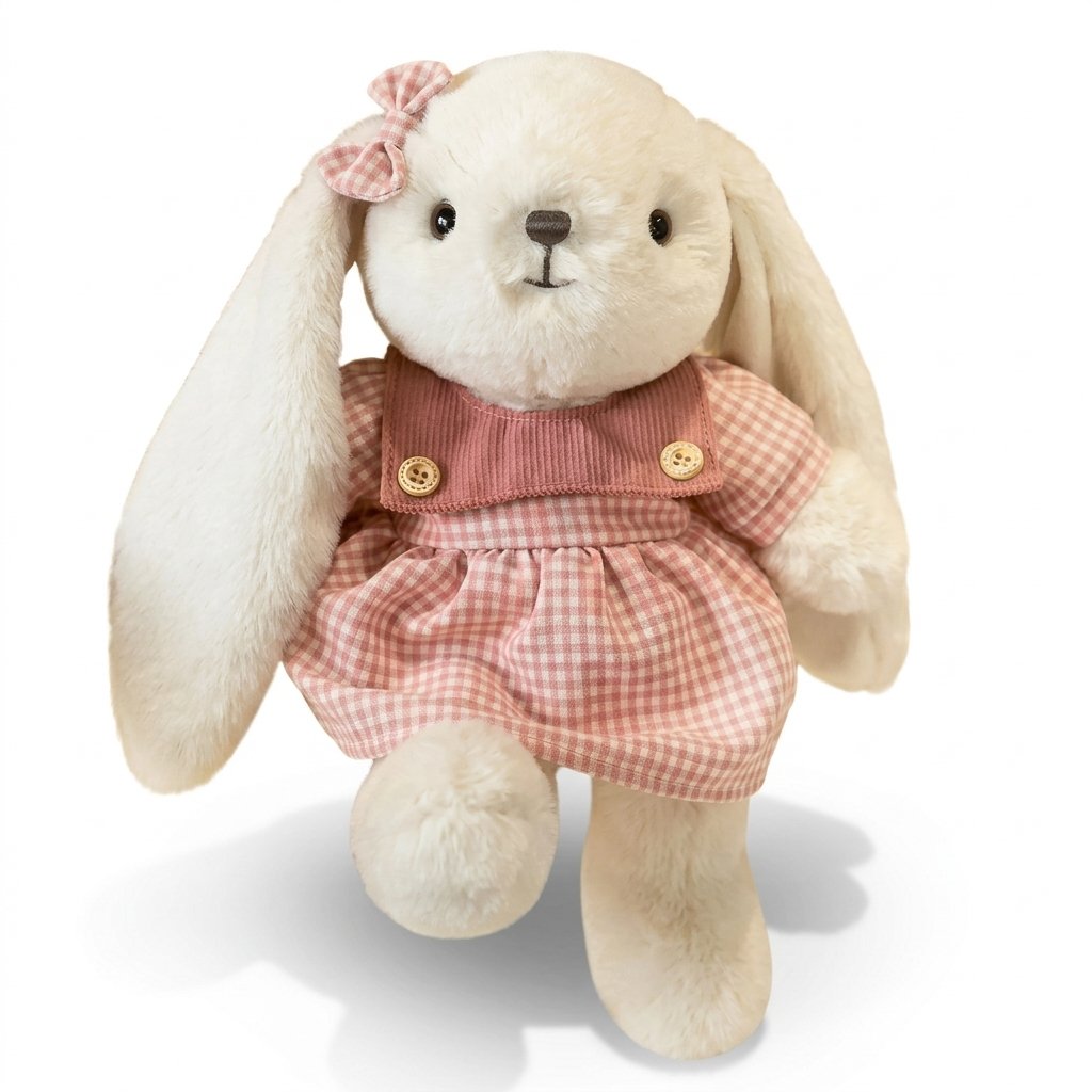 Peluche lapin HORTENSE en robe vichy rose
