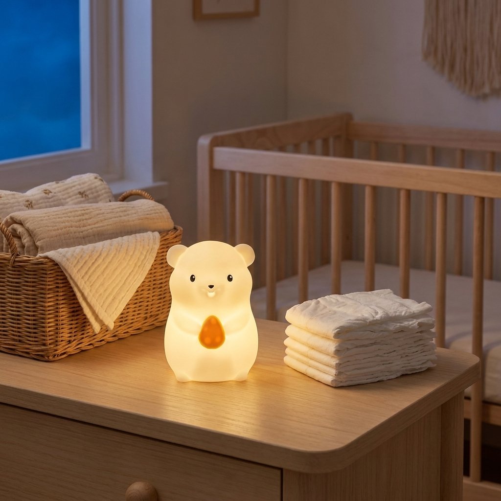 Veilleuse hamster sur une commode à côté de langes