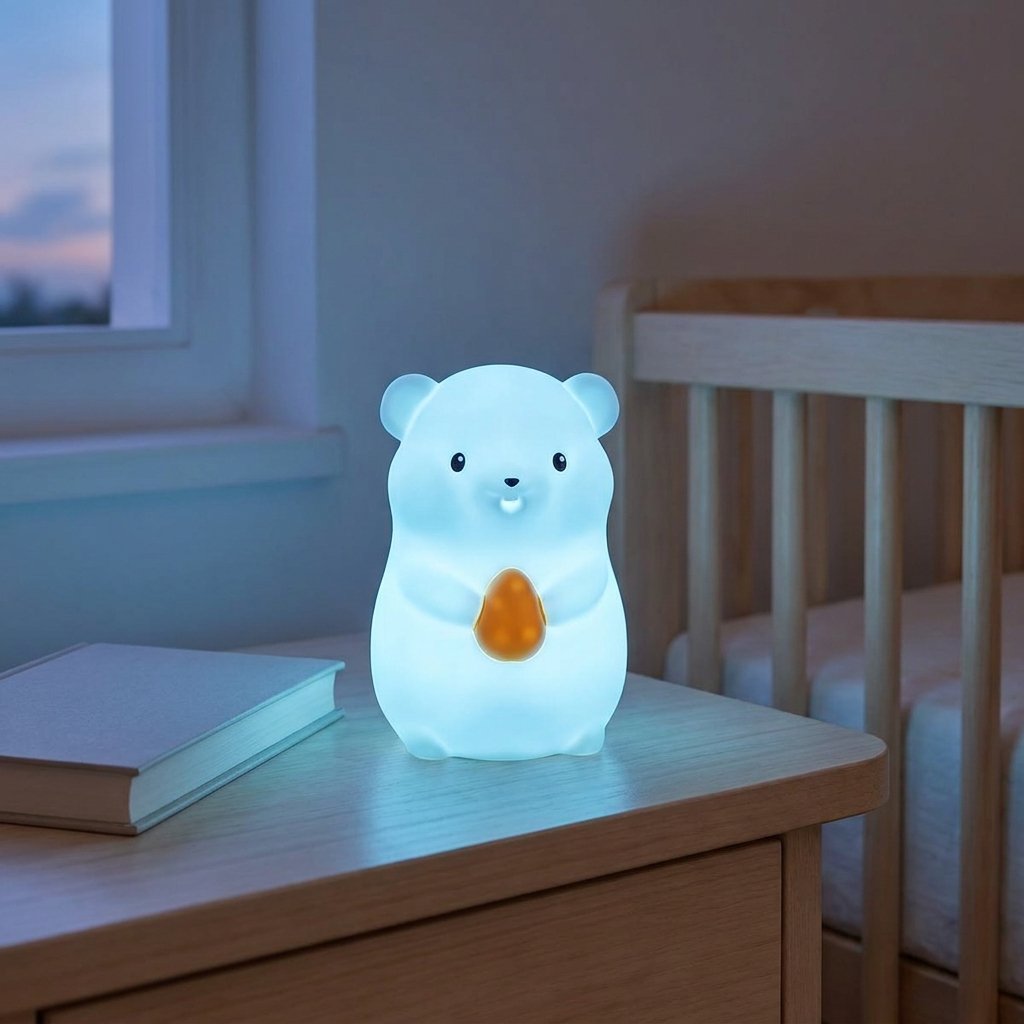 Veilleuse hamster allumée en bleu pâle