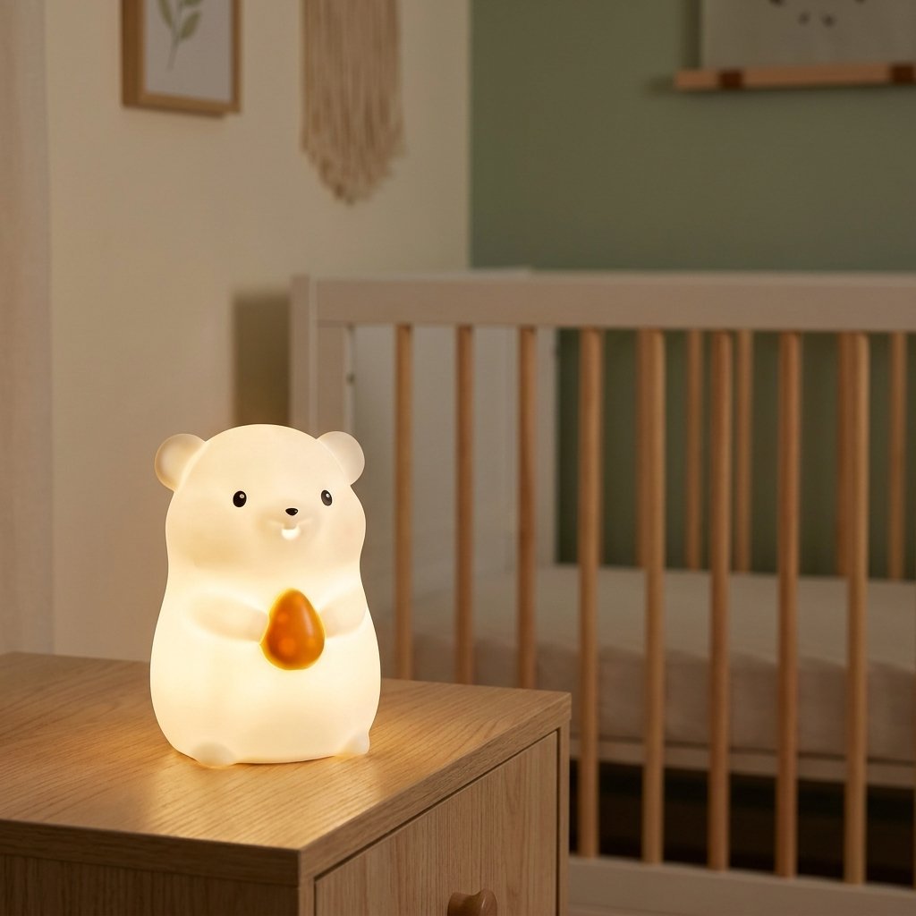 Veilleuse hamster sur une table de nuit