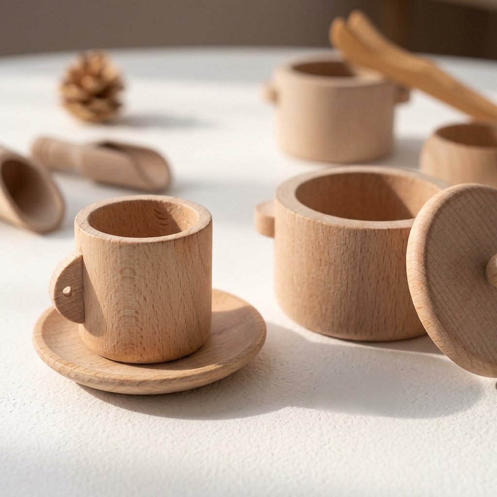 Tasse, soucoupe et marmite en hêtre brut Image
