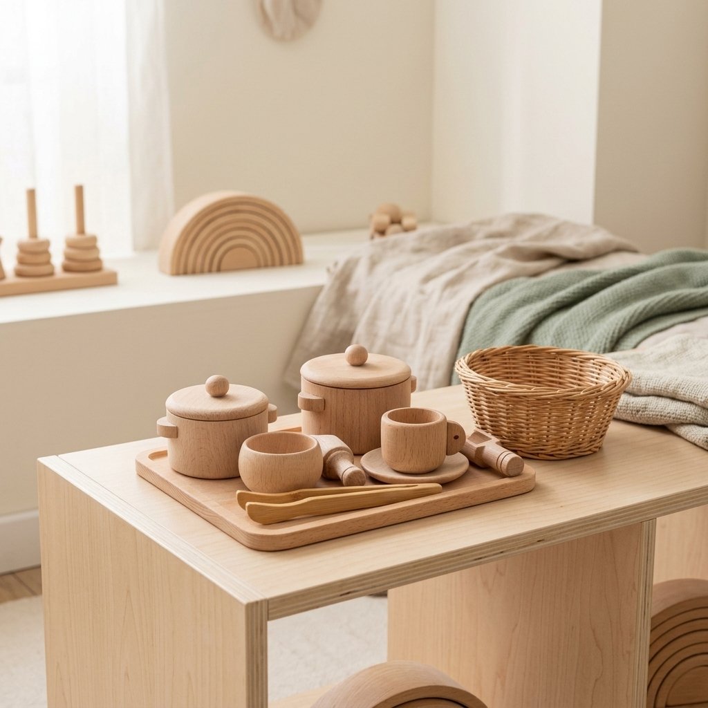 Dinette en hêtre rangée sur une étagère basse