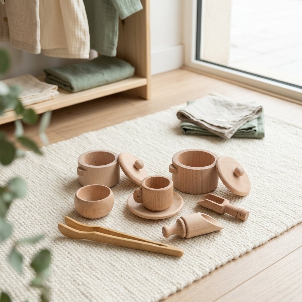Dinette en hêtre posée sur un tapis crème