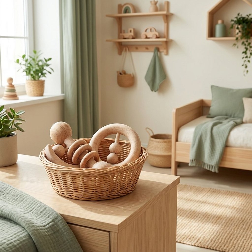 Hochets en bois dans un panier en osier Image