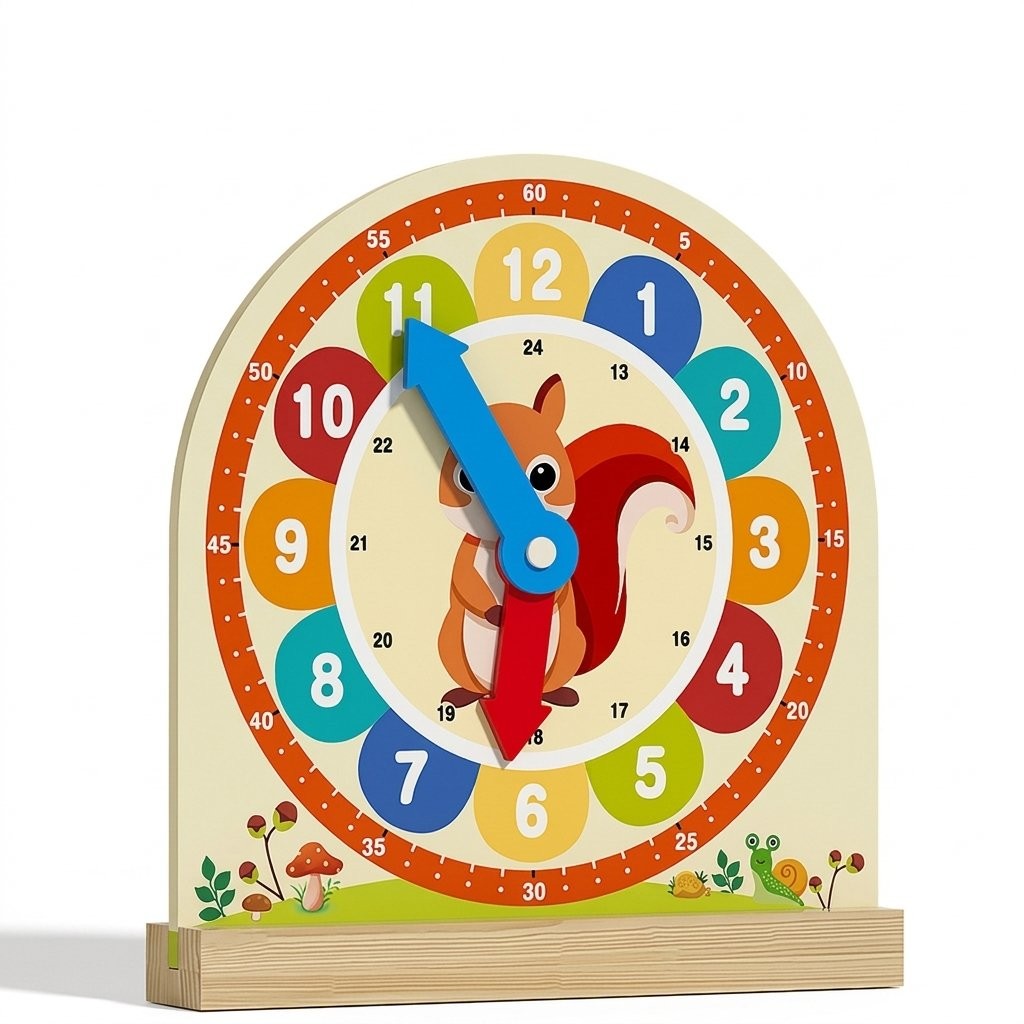 Horloge d'apprentissage en bois à écureuil, cadran coloré sur socle