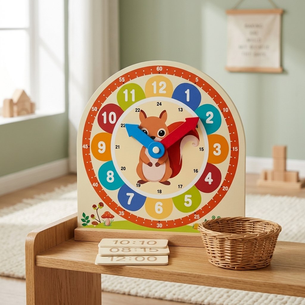 Horloge d'apprentissage sur une étagère basse en bois