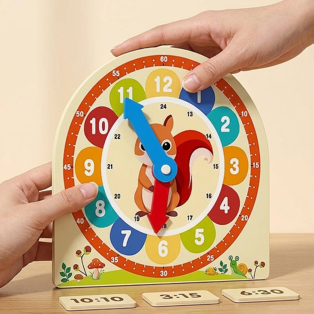 Horloge d'apprentissage tenu dans une main d'adulte
