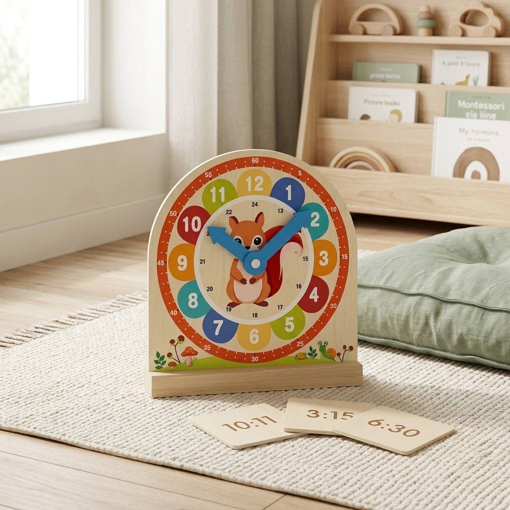 Horloge d'apprentissage posé sur un tapis crème