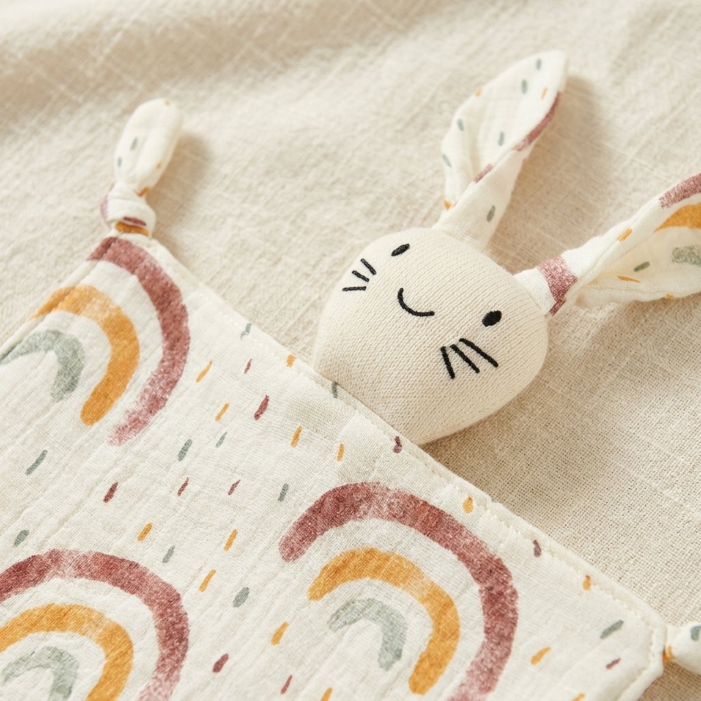 Détail de la tête brodée du doudou lapin en gaze imprimée