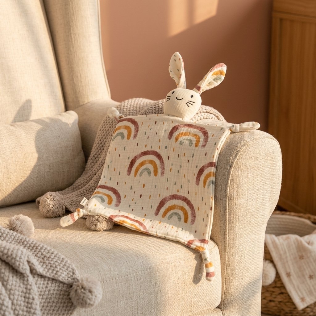 Doudou lapin en gaze imprimée posé sur un fauteuil