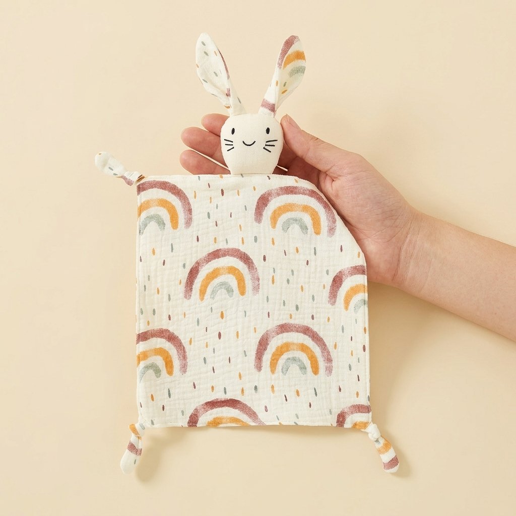 Doudou lapin THAÏS arc-en-ciel tenu dans la main