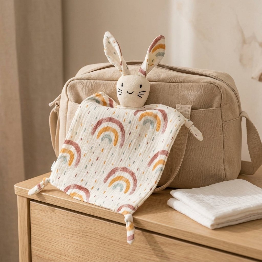 Doudou lapin en gaze imprimée qui dépasse d'un sac à langer