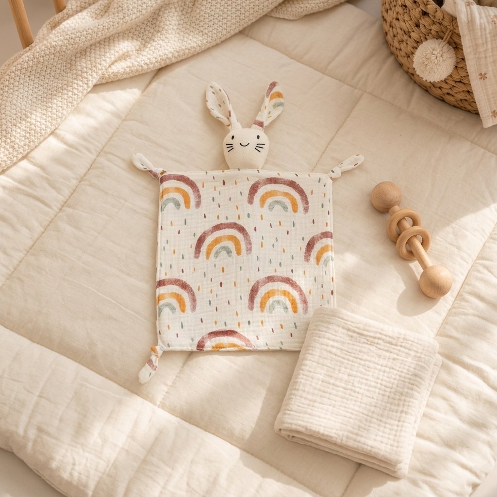 Doudou lapin arc-en-ciel sur un tapis de jeu