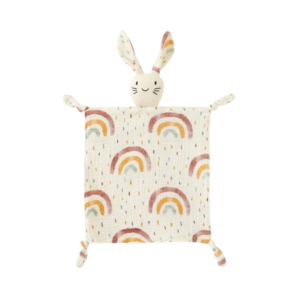 Doudou lapin en gaze de coton imprimée, motif arc-en-ciel
