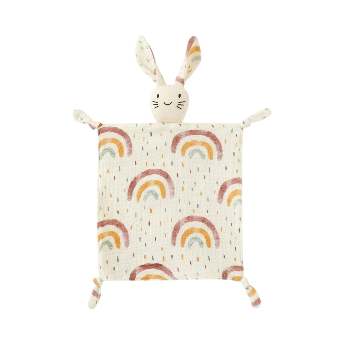 Doudou lapin en gaze de coton imprimée, motif arc-en-ciel