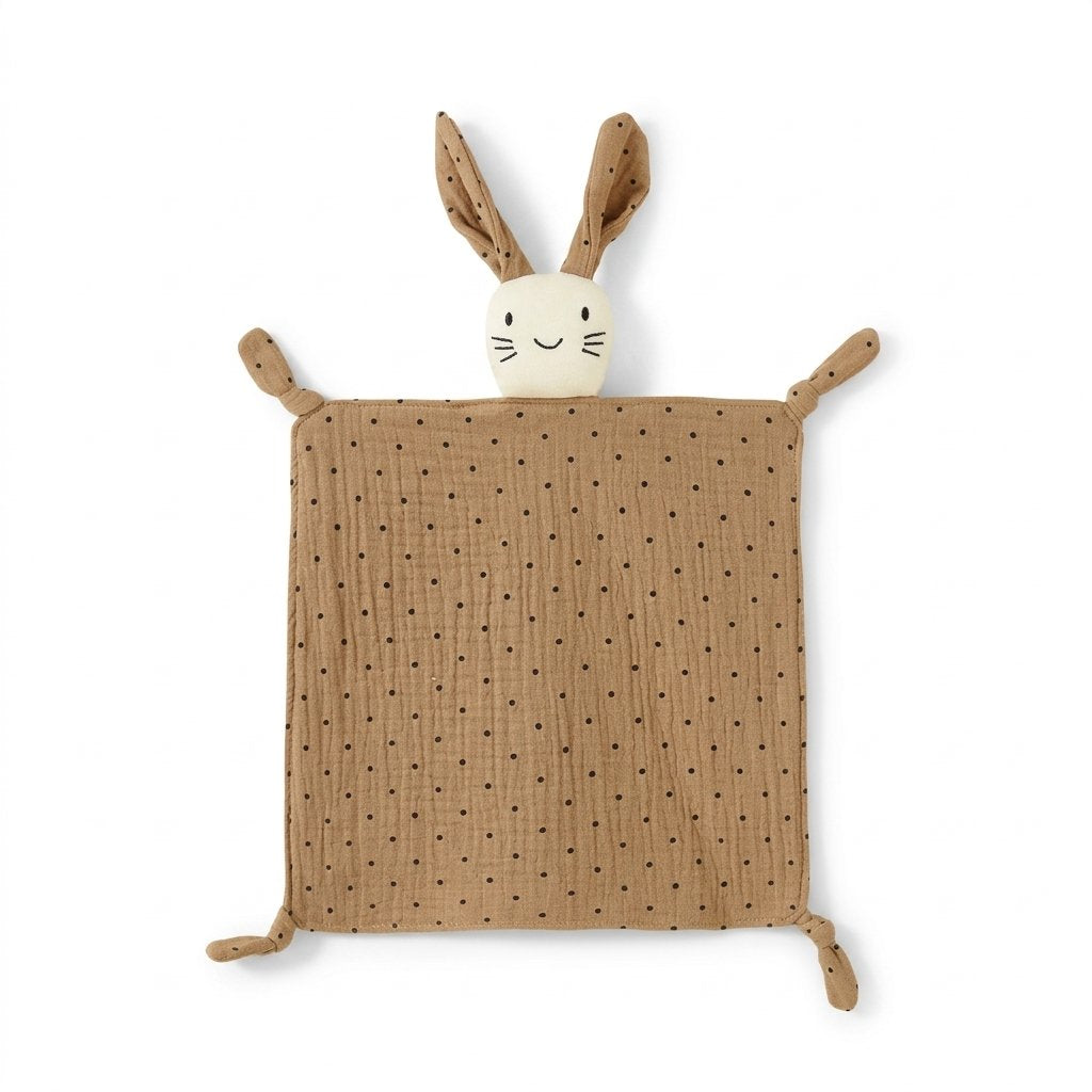Doudou lapin en gaze de coton imprimée, motif pois noisette