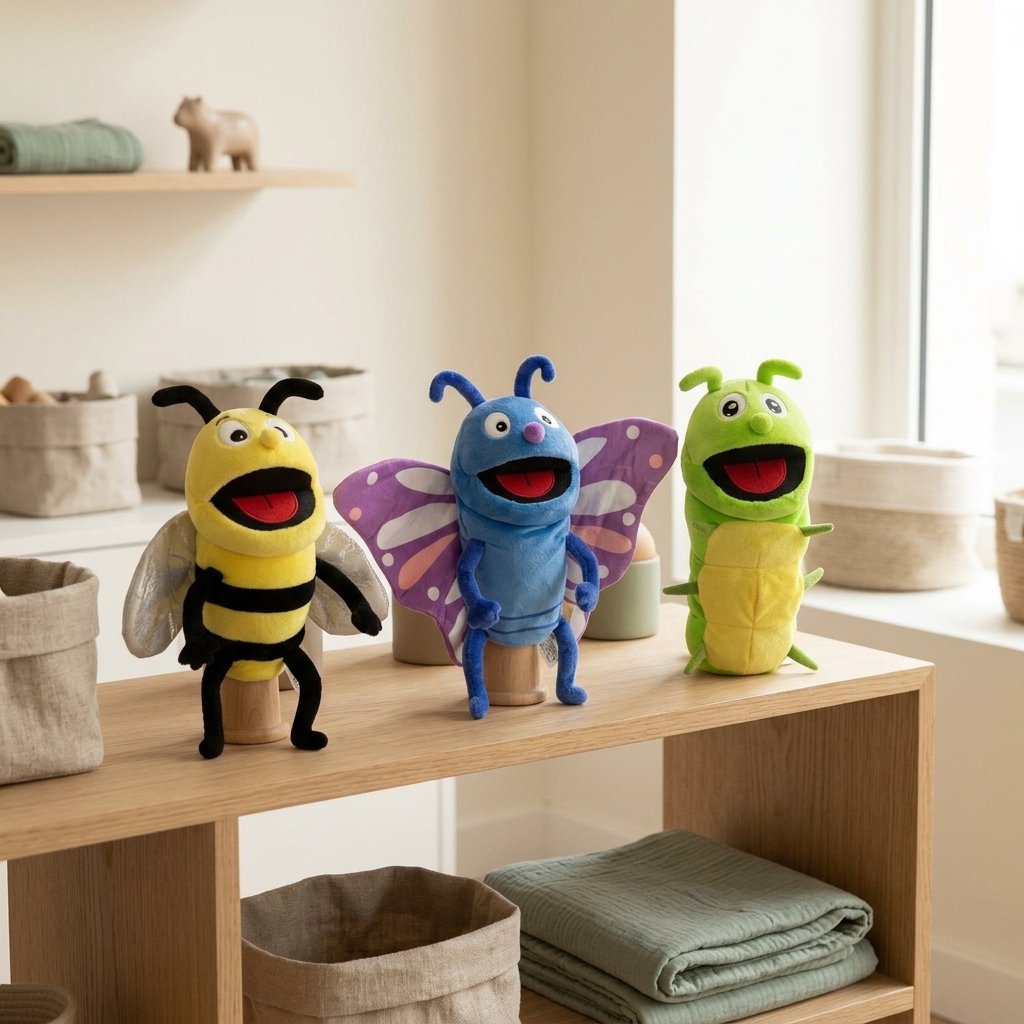 Marionnettes abeille, papillon et chenille sur une étagère Image