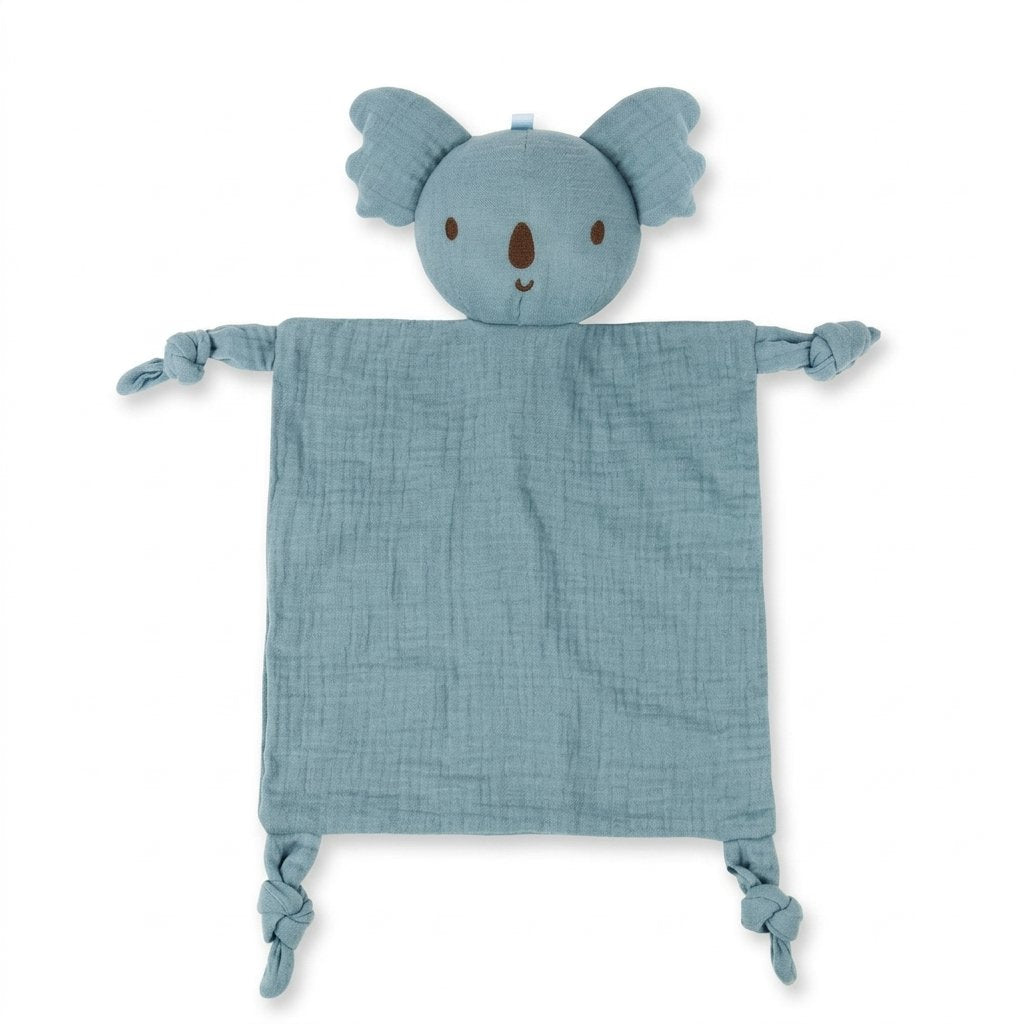 Doudou koala en gaze de coton bleu-gris