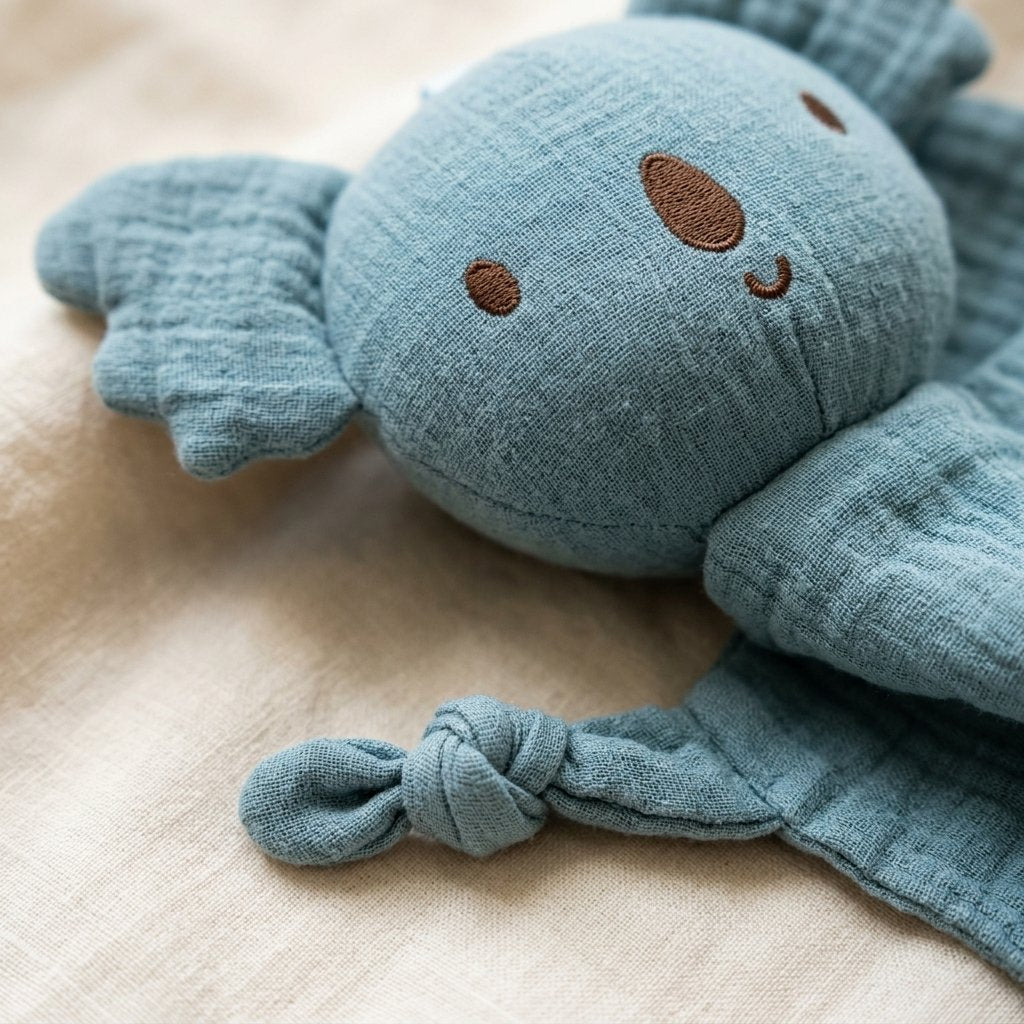 Détail de la tête brodée et d'un nœud du doudou koala