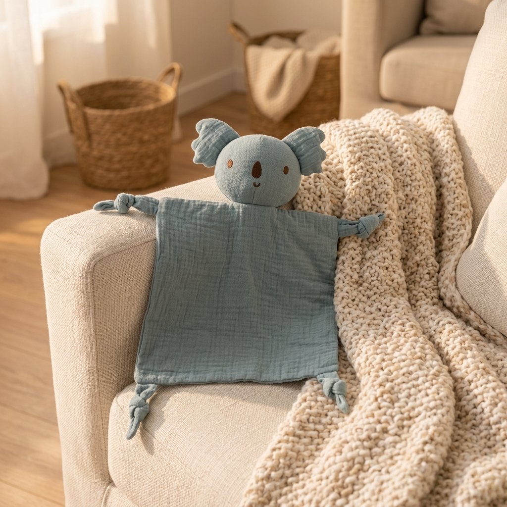 Doudou koala posé sur un fauteuil d'allaitement