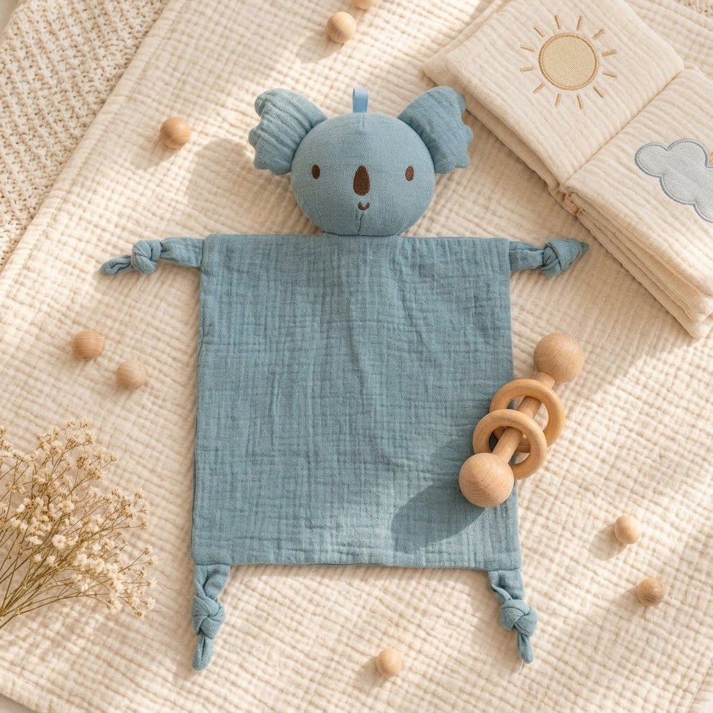 Doudou koala sur un tapis de jeu avec un hochet en bois Image
