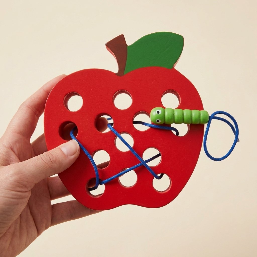 Main faisant passer la chenille dans un trou de la pomme