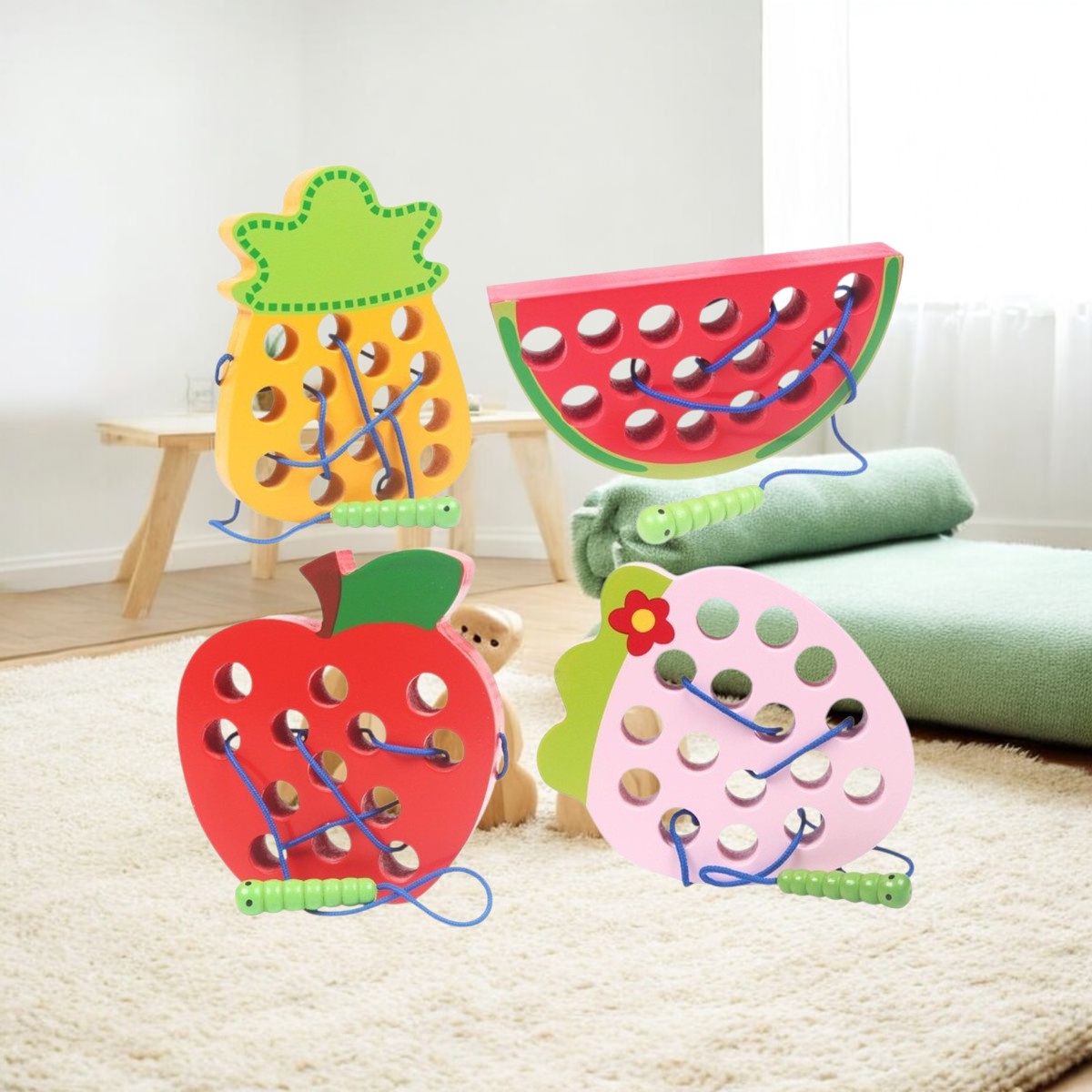 Fruits à lacer posés sur un tapis crème Image