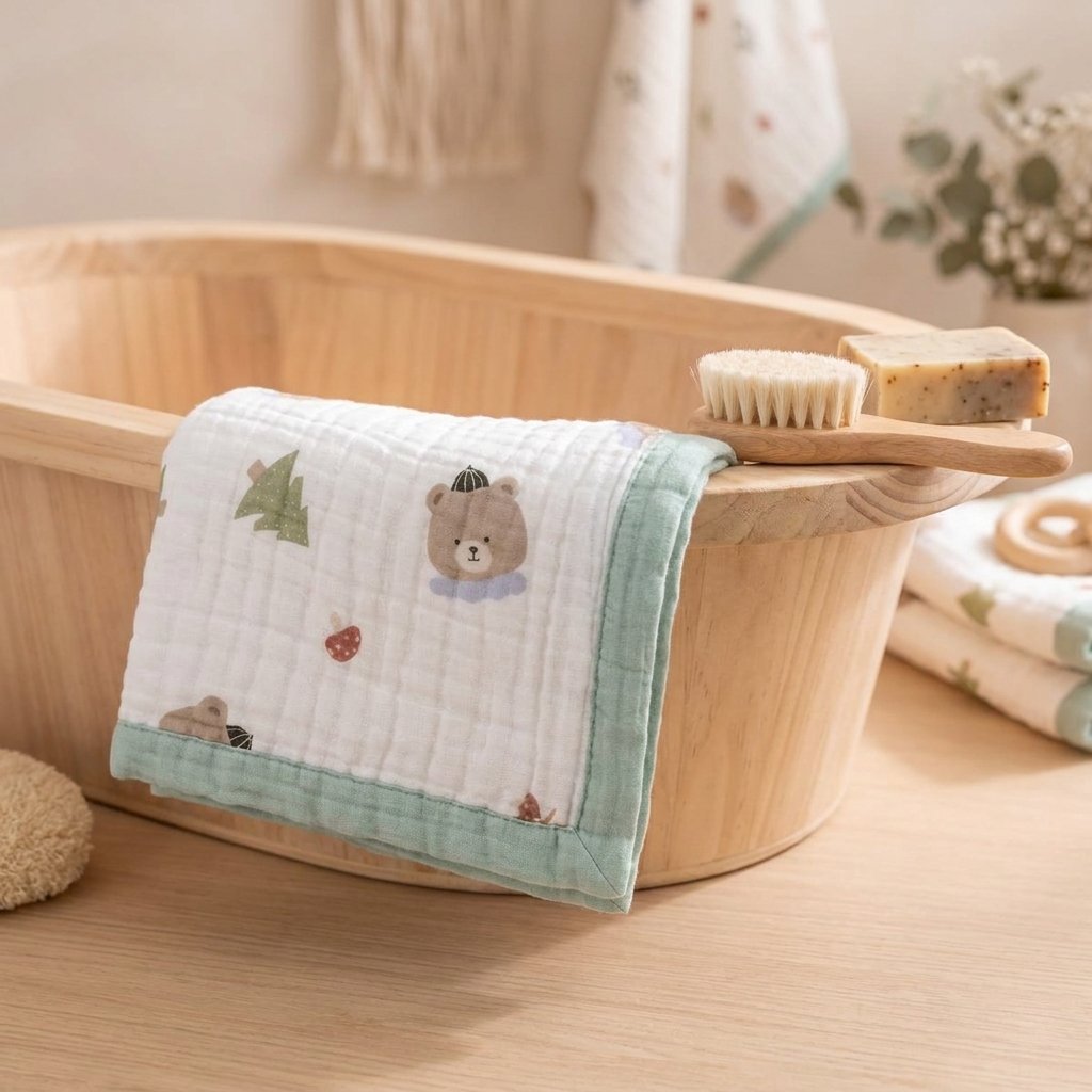 Lange gaze de coton posé sur une baignoire bébé en bois
